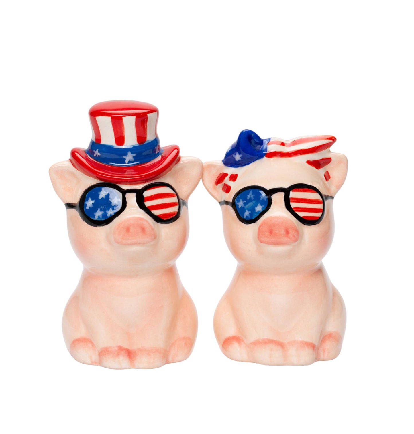 21083 Fine Ceramic Cute Patriotic Fourth of July Love Couple Pig Salt & Pepper Shakers Set, 3-1/2" H