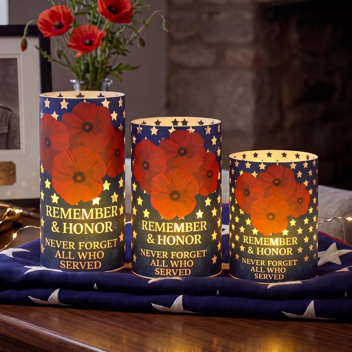 Baquler 3 Set Patriotic Flameless Candles White Red Blue Lampshade with LED Tea Lights Star Poppy Flower Candle Decorations for Independence 4th of July Veterans Day Tabletop Home Decor