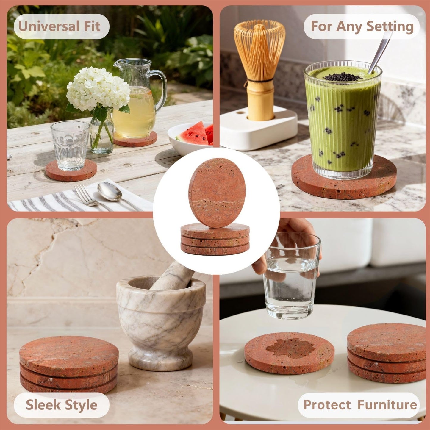 Red Travertine Coasters Set of 4, 10cm Diameter Natural Stone Coasters with Non-Slip Cork Backing, for Coffee Table Kitchen Office Decor