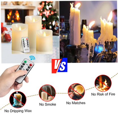 Biyanuo LED Candles, Flameless Battery Candles 4" 5" 6", Real Wax Pillars with 10 Key Remote Control and 24 Hour Timer (Ivory, 3 Pack)