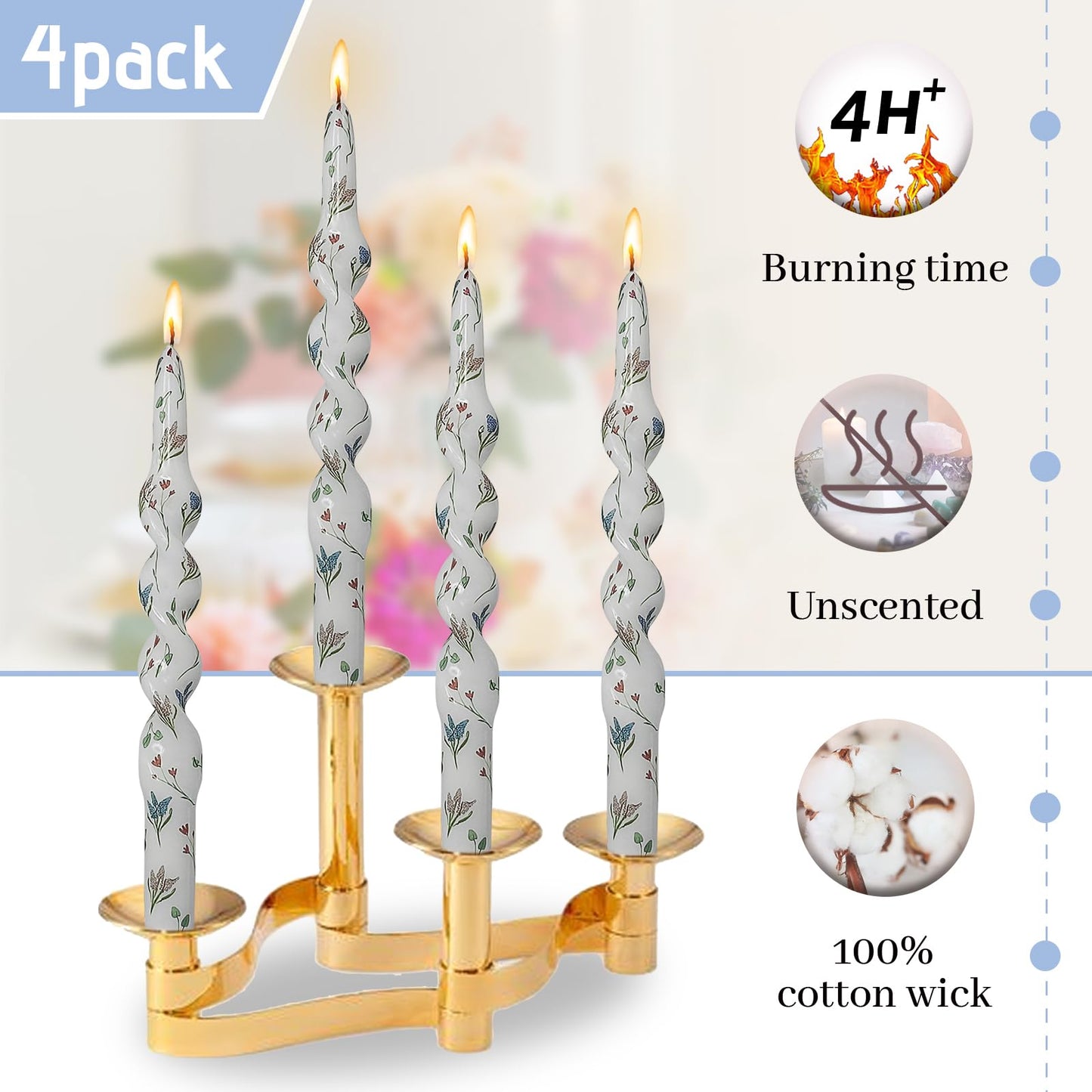 Printed Spiral Candlestick Hyacinth Floral Candle Sticks 10 Inch Long Taper Candle Handmade Twisted Candles for Home Wedding Holiday Party Decor & Gifts Set of 4