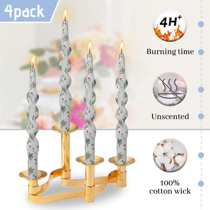 Printed Spiral Candlestick Hyacinth Floral Candle Sticks 10 Inch Long Taper Candle Handmade Twisted Candles for Home Wedding Holiday Party Decor & Gifts Set of 4