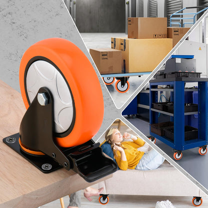 6 Inch Heavy Duty Swivel Caster Wheels with Brake - Set of 4, 3000 Lbs Capacity, PVC No Noise No Marking Wheels for Furniture, Carts, and Equipment (Includes Free Screws)