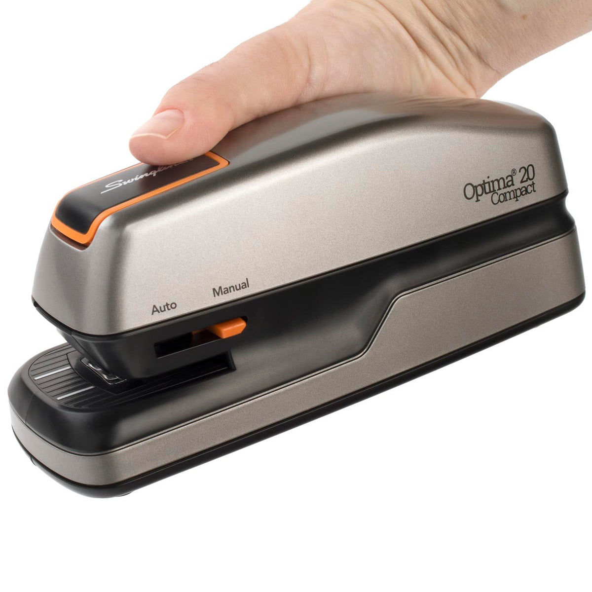 Swingline Electric Stapler, 20 Sheet Capacity, Optima 20, Jam Free, Compact, Automatic or Manual, Plug In or Battery, Orange and Gray (48207)