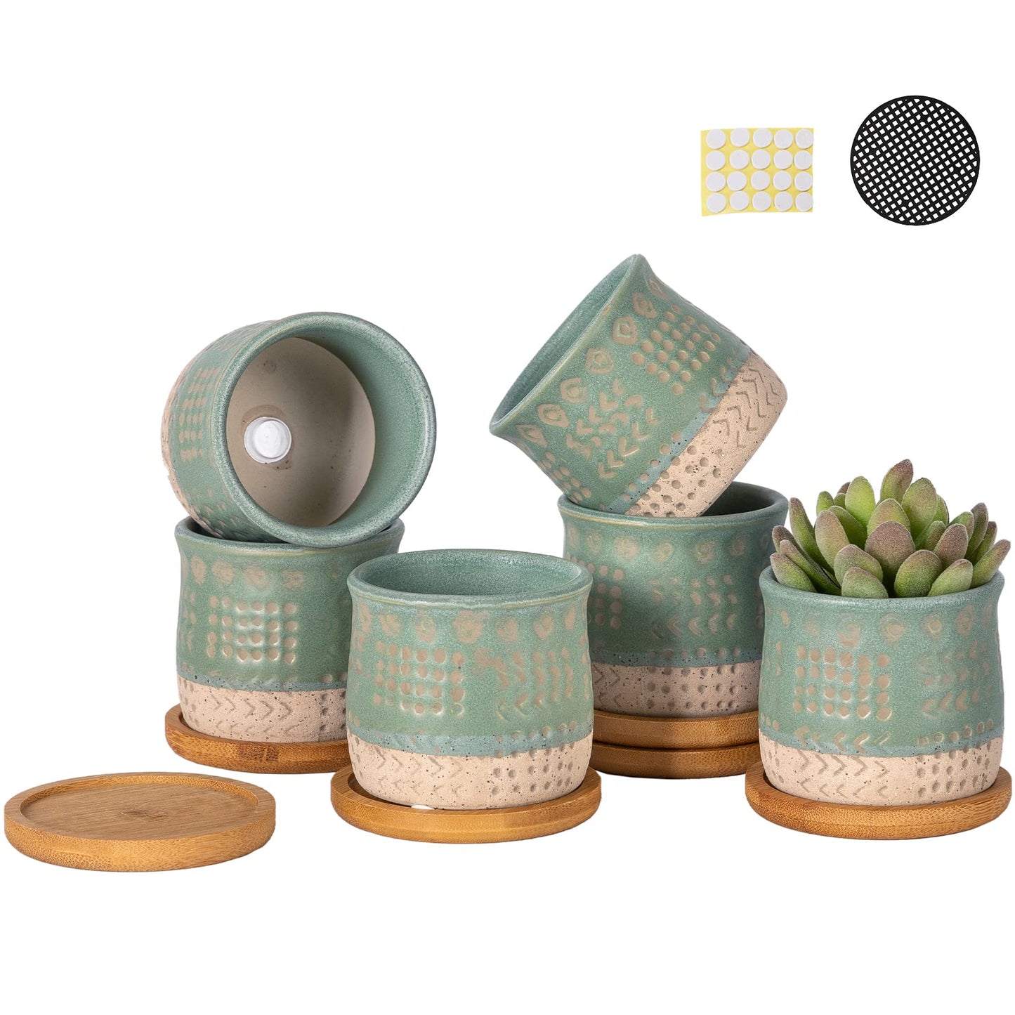 TAMAYKIM 2.75 Inch Mini Ceramic Succulent Plant Pots, Retro Tiny Planter Pots with Saucer & Drainage Hole, for Cactus, Small Plants, Set of 6, Green