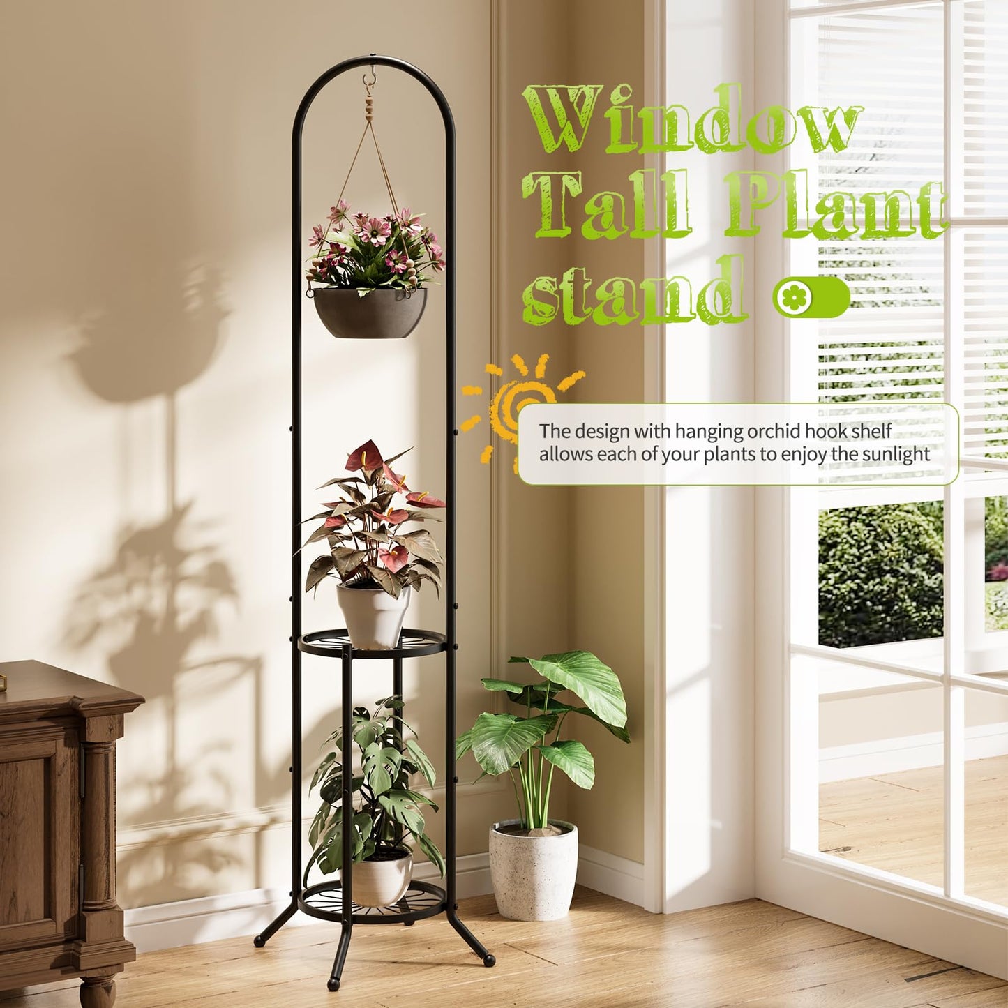 BMOSU Plant Stand with Hooks Indoor Outdoor Corner Tall Plant Stand Heavy-Duty Metal 3-Tier Plant Shelf Holder Rack for Patio Garden Balcony Living Room Bedroom(circular Black)