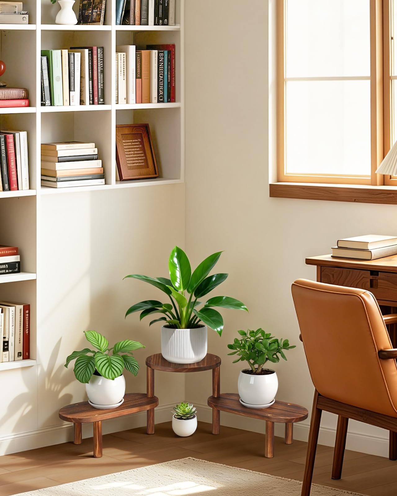 Jotboom 3 Tier Corner Plant Stand Indoor - Adjustable Wood Convex Flower Stand for Small Spaces, Heavy Duty Long Plant Shelf for Living Room Balcony Hallway