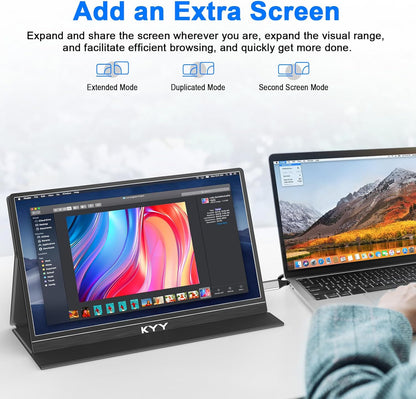 KYY Portable Monitor for Laptop, 14" FHD 1080P Travel Monitor, USB-C & HDMI Computer Gaming Screen with VESA Mount & Smart Cover, Dual Speakers, for Mac PC Phone Xbox PS5 Switch