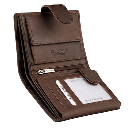 KORUMA Mens Premium Genuine Leather Bifold Wallet Smart Credit Card Blocker and Coin Pocket with RFID Certified – Hunter Brown 3-in-1 Wallet