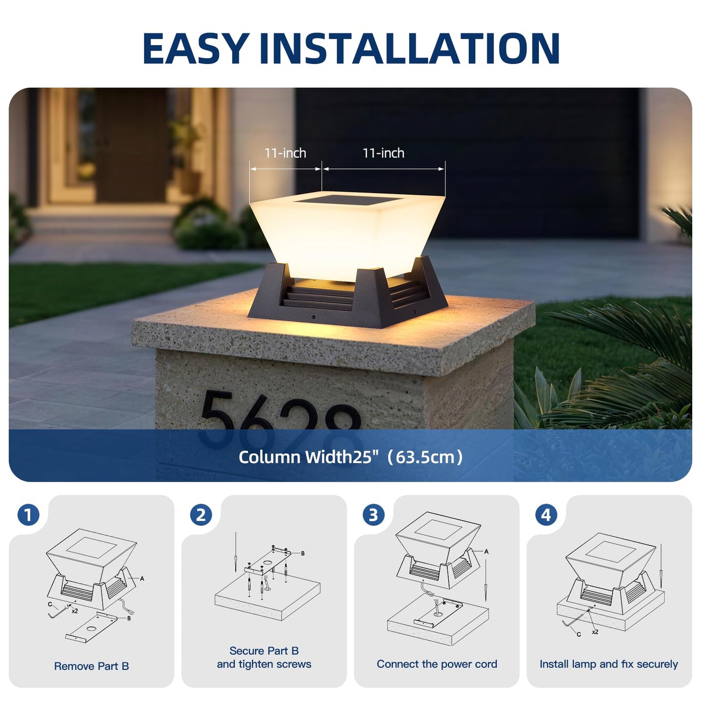 ZRJJMLAN Outdoor Post Lights, 11" Hard Wired Pillar Light, IP54 Waterproof Column Lamp E26 LED Bulb Modern Fence Deck Lantern 3000K Outside Landscape Lighting for Patio Garden Backyard Gate Decoration