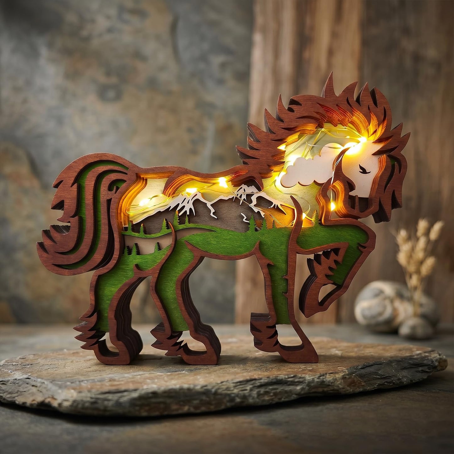 Drawelry 3D Wood Carving Animals Lamp Home Decorative, Cute Bear Family Elephant Presents Ideas Christmas Living Room Office Decor Warm LED Night Lights Gift for Friend Daughter Son Mom Dad (Horse)