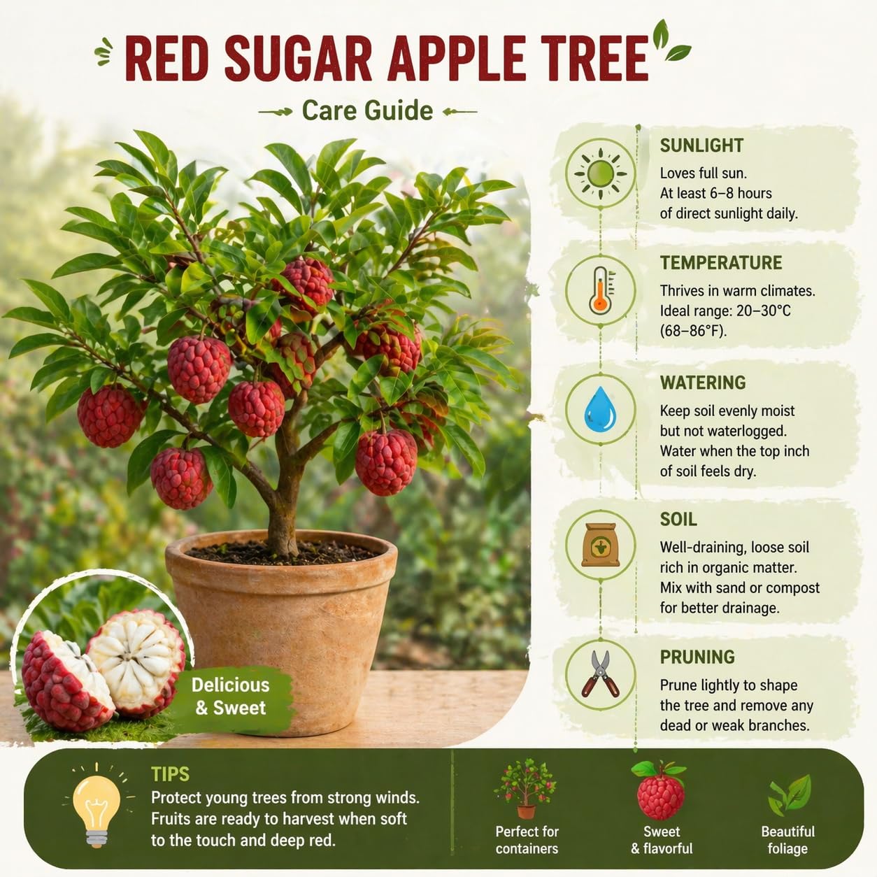 Sugar Apple Tree 2-3 Feet Tall in 3 Gallon Pot, Sweet Tropical Fruit Tree, Backyard and Container Planting, No CA (Red Sugar Apple)