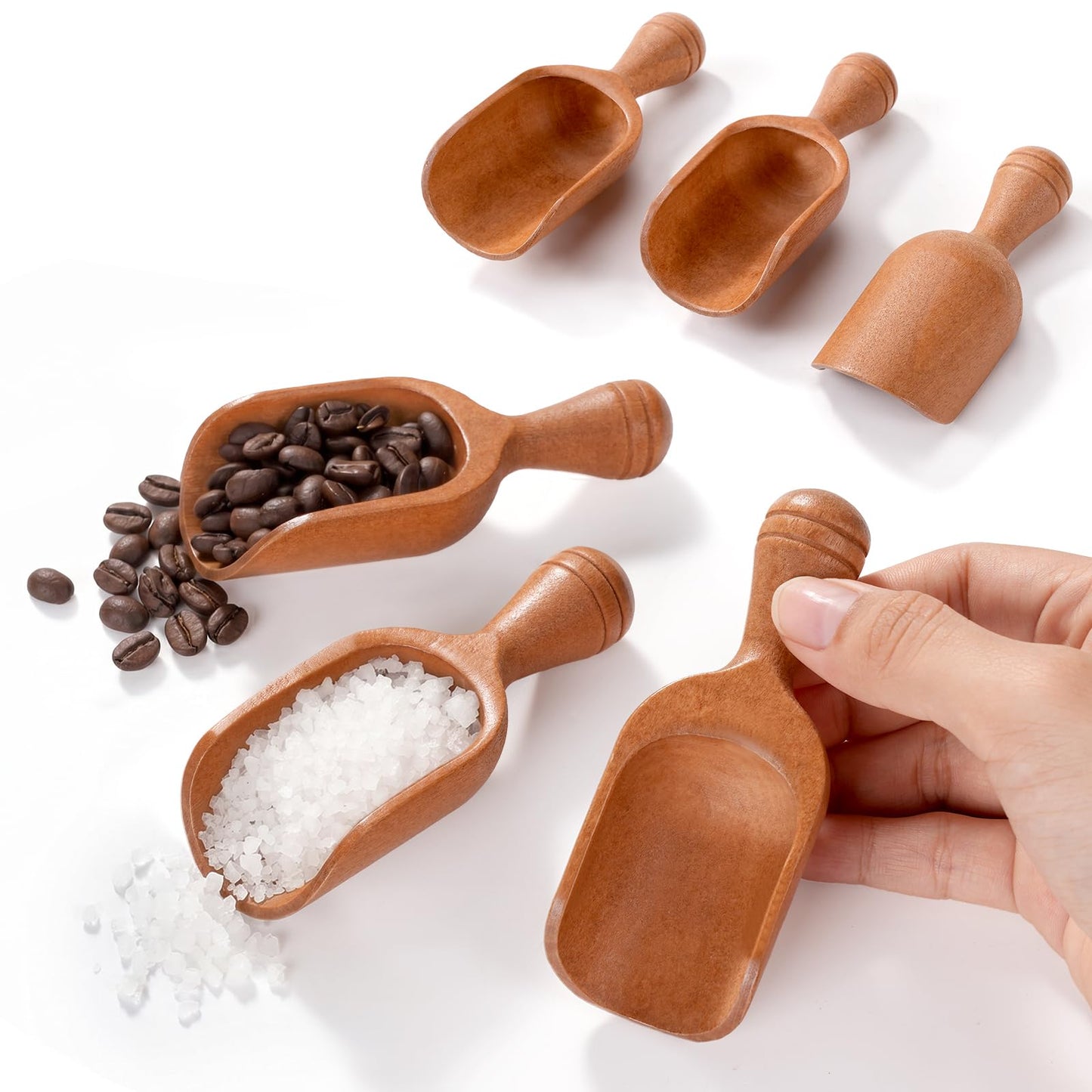 KVEKVE 6 PCS Wooden Coffee Scoops for Canisters, Small Wood Scoop Set with Long Handle, Deep Measuring Scoop for Ground Coffee, Beans, Tea, Sugar, Flour, Spices, Bath Salt & Laundry Powder