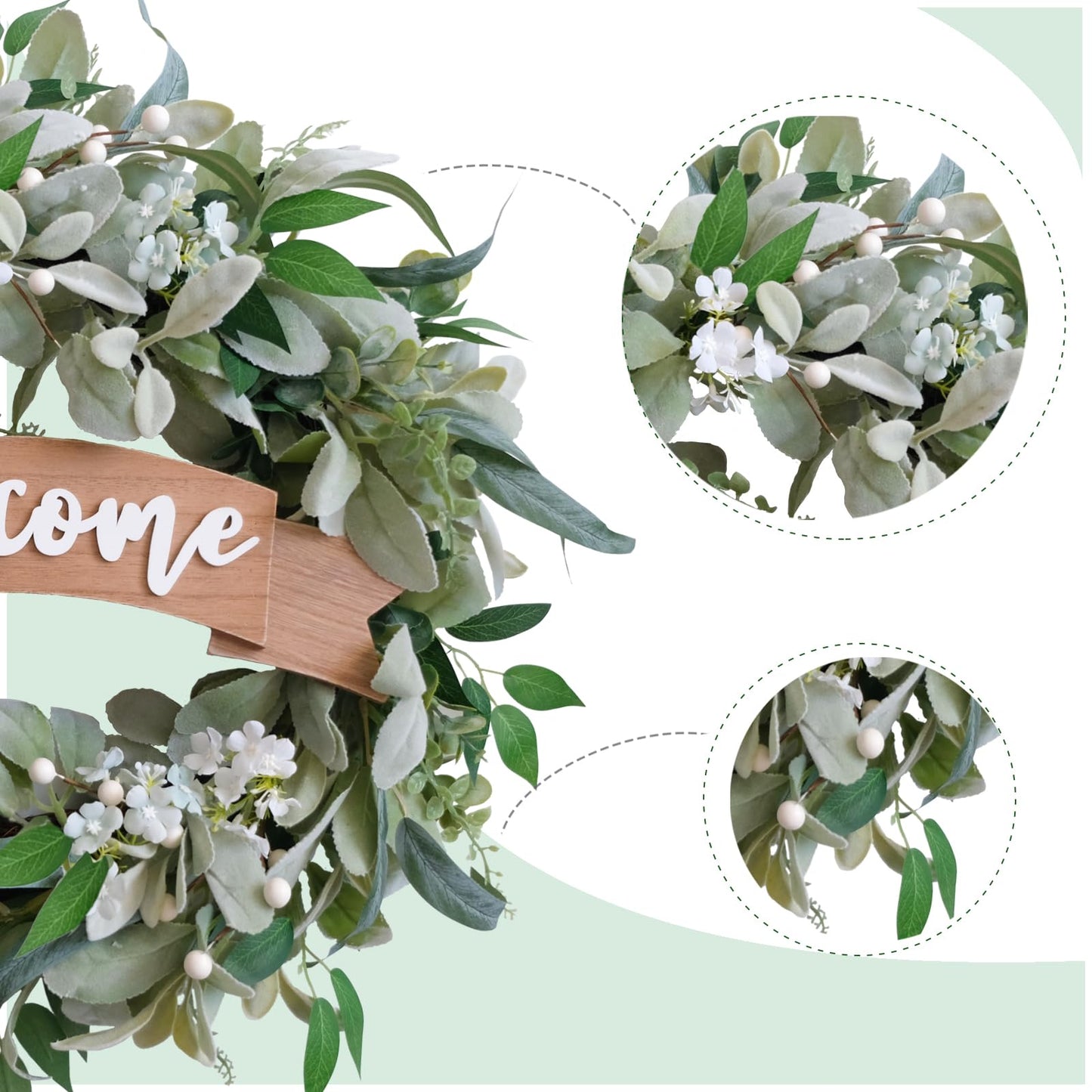 22 Inch Spring Everyday Lamb Ears Leaves Wreath with White Wild Flowers and Berries for Front Door, Welcome Wood Sign Green Leaves Wreath for Indoor Outdoor, Everyday Leaves Home Decor