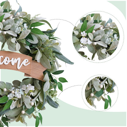 22 Inch Spring Everyday Lamb Ears Leaves Wreath with White Wild Flowers and Berries for Front Door, Welcome Wood Sign Green Leaves Wreath for Indoor Outdoor, Everyday Leaves Home Decor