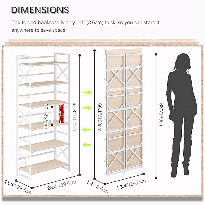 4NM 6 Tiers No Assembly Book Shelves, 61.8" H Folding Bookshelf Bookcase Open