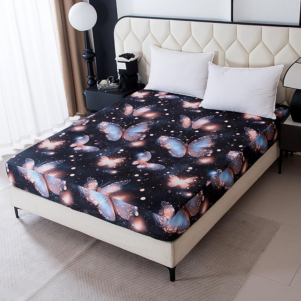 NATURETY Bedding Fitted Sheet with Deep Pocket,3D Pattern Printed Fabric Bed Sheets (Black Butterfly,Twin)