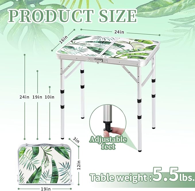 Folding Camping Table 2ft Portable Picnic Table Adjustable Height Small Card