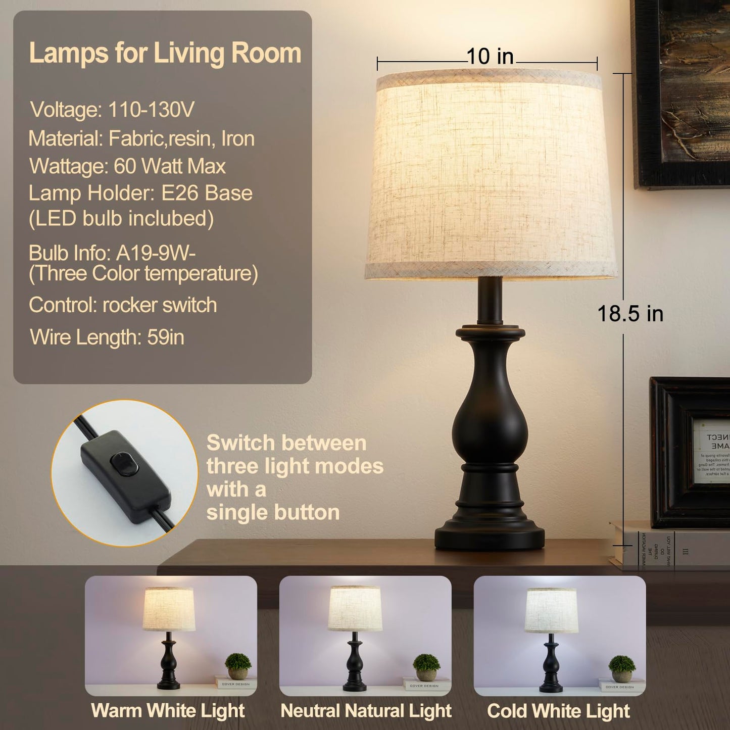 Hikczc Vintage Table Lamp for Living Room Bedroom, 18.5" Farmhouse Bedside Lamps Nightstand Lamp Set of 2, Table Lamps with Oatmeal Linen Lamp Shades, 2 LED Bulbs Included, Black