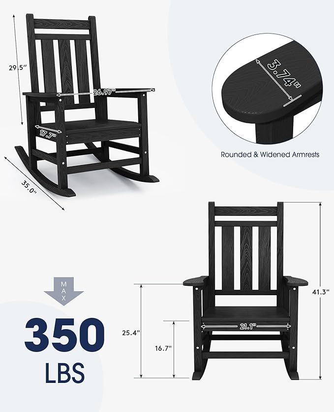 KINGYES Oversized Outdoor Rocking Chair, All-Weather Patio Rocking Chairs for Porch, HDPE Outdoor Patio Rockers with High Back & Wide Seat for Garden, Lawn, Black