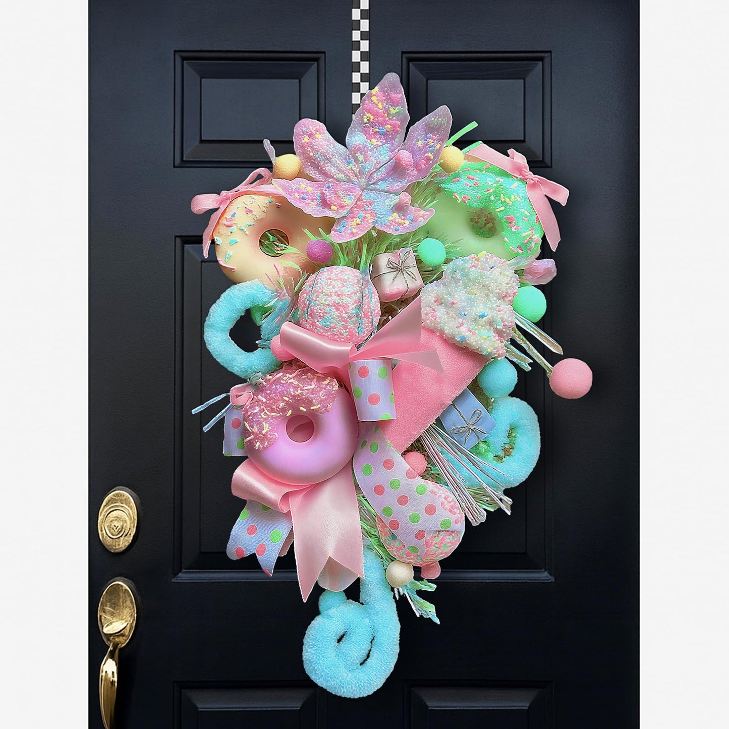 Retrowavy 18 Inch Pastel Christmas Teardrop Swag Decoration Xmas Candy Cane Tear Drop Swags Wreath with Ribbon Lollipop Sweet Donut Ice Cream Cake Curly Stem for Front Door Wall Fireplace Holiday