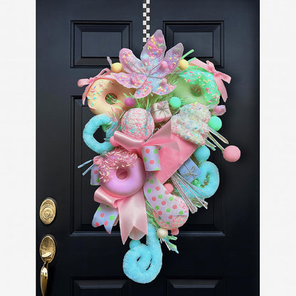 Retrowavy 18 Inch Pastel Christmas Teardrop Swag Decoration Xmas Candy Cane Tear Drop Swags Wreath with Ribbon Lollipop Sweet Donut Ice Cream Cake Curly Stem for Front Door Wall Fireplace Holiday
