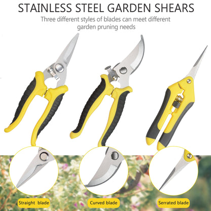 Pruning Shears Gardening Scissors Tools: 3pcs Outdoors&Indoor Garden Clippers, Rose Snips, Plant Clippers, Wood Pruner, Gardener Work Accessories for Flower Arrangement, Yard Landscaping (Yellow)
