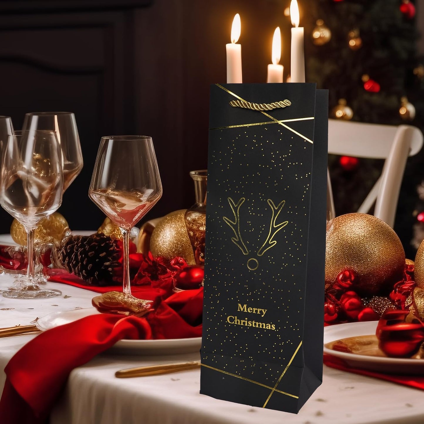 Uptotop Christmas Bottle Bags, 12 Pack Gold Foil Christmas Wine Gift Bags, Xmas Kraft Paper Bags with Rope Handles for Holiday Party Gift Giving