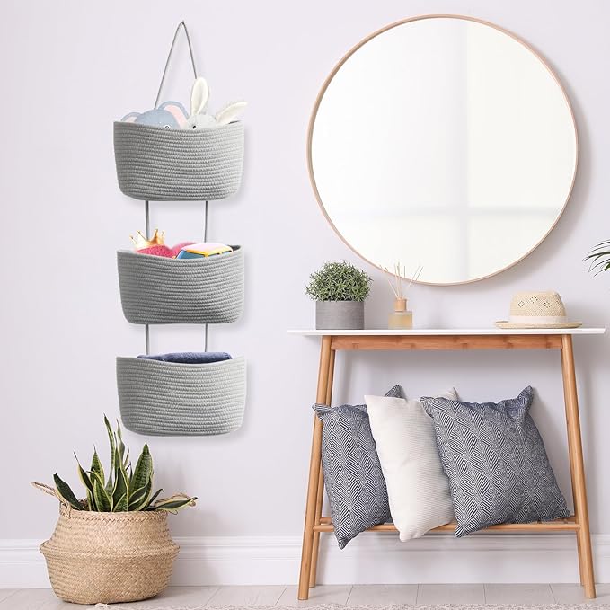 TeoKJ Over the Door Organizer, 3-Tier Woven Cotton Hanging Kitchen Baskets