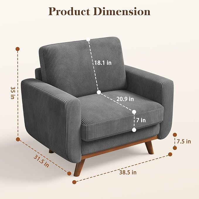 Vesgantti 38.5" Accent Chair Dark Gray, Comfy Corduroy Single Sofa Seat