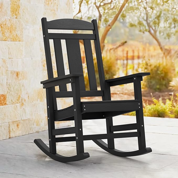 LUE BONA Rocking Chair Outdoor, Weather Resistant Poly Plastic Rocker Chairs, 350lb Heavy Duty, Oversized Porch for Adult, High Back Smooth Chairs Outdoor & Indoor, Black