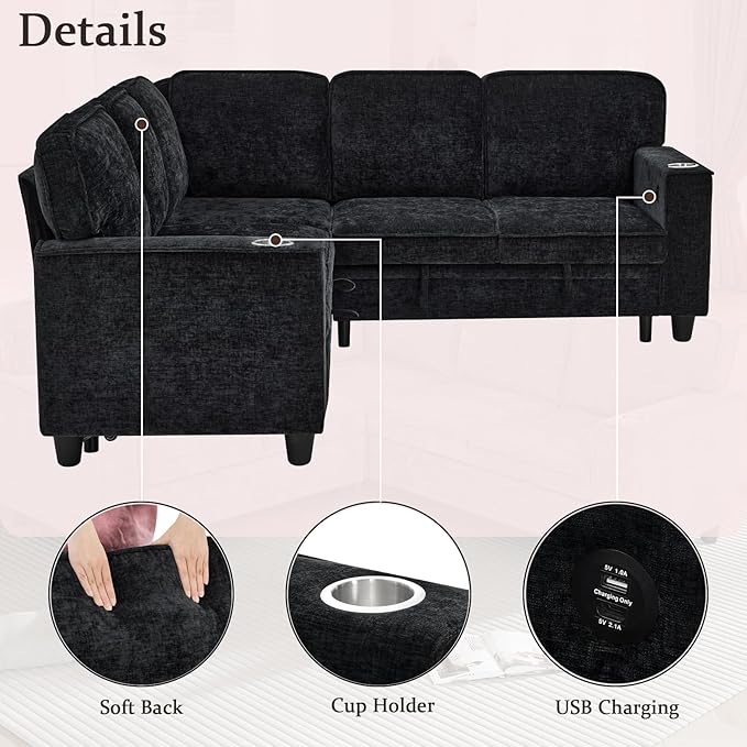 L-Shaped Sectional Couch with Storage and Pull Out Bed, Convertible Sofa Bed