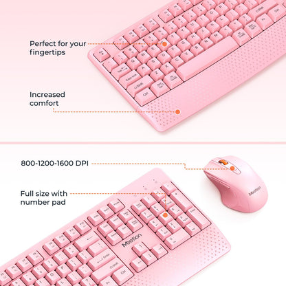MEETION Wireless Keyboard and Mouse, Full-Sized Cordless Keyboard with Wrist Rest and 3 DPI Adjustable Mouse, Keyboard and Mouse Set with 2.4GHz USB Receiver, for PC/Computer/Laptop/Windows/Mac, Pink