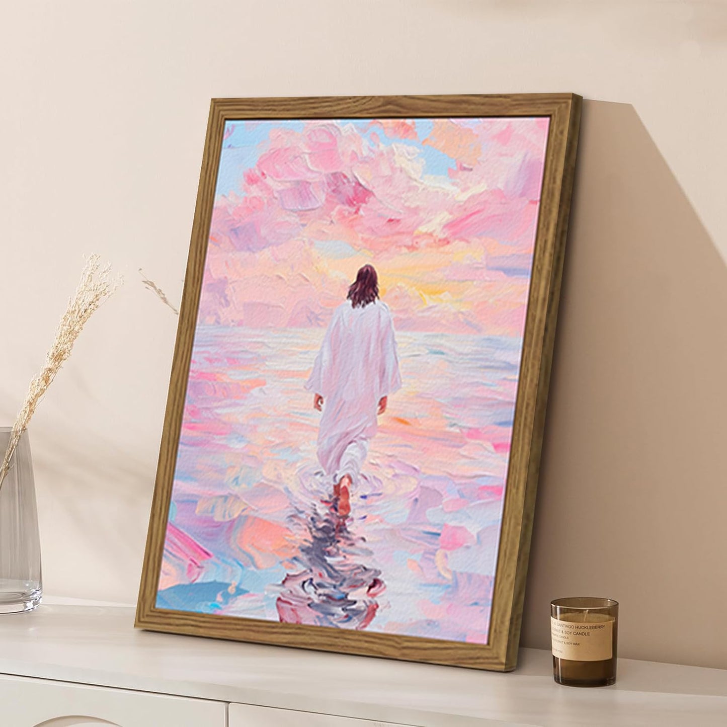Pink Jesus Walking On Water Wall Art, Frame 3D Textured Hand Drawn Sandstone Christian Wall Decor Paintings Religious Savior Pictures for Living Prayer Room Bedroom, 12x16 in Wood Framed