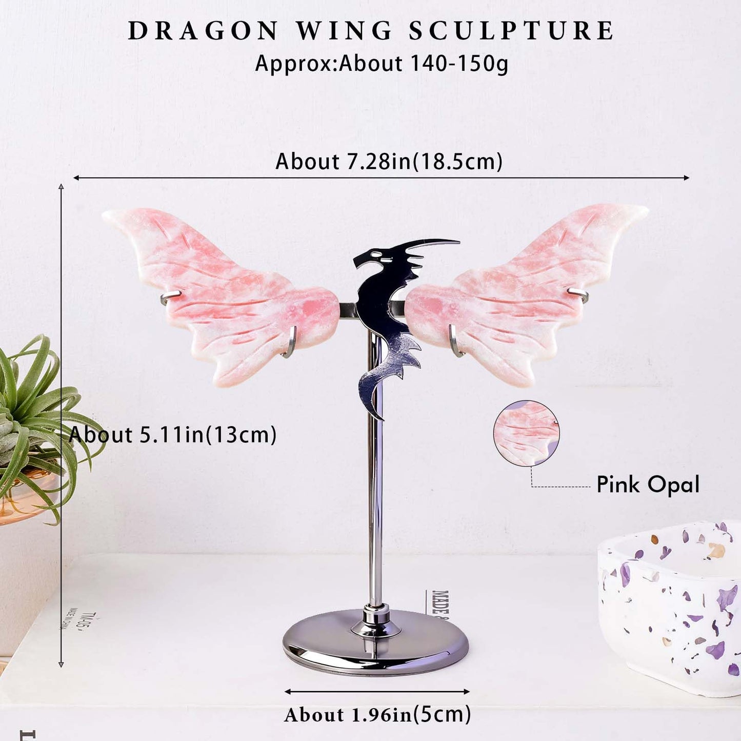 RJINGSHI Crystal Flying Dragon Wings Ornament, Amethyst Desktop Decoration, Blue and Gray (Pink Opal)