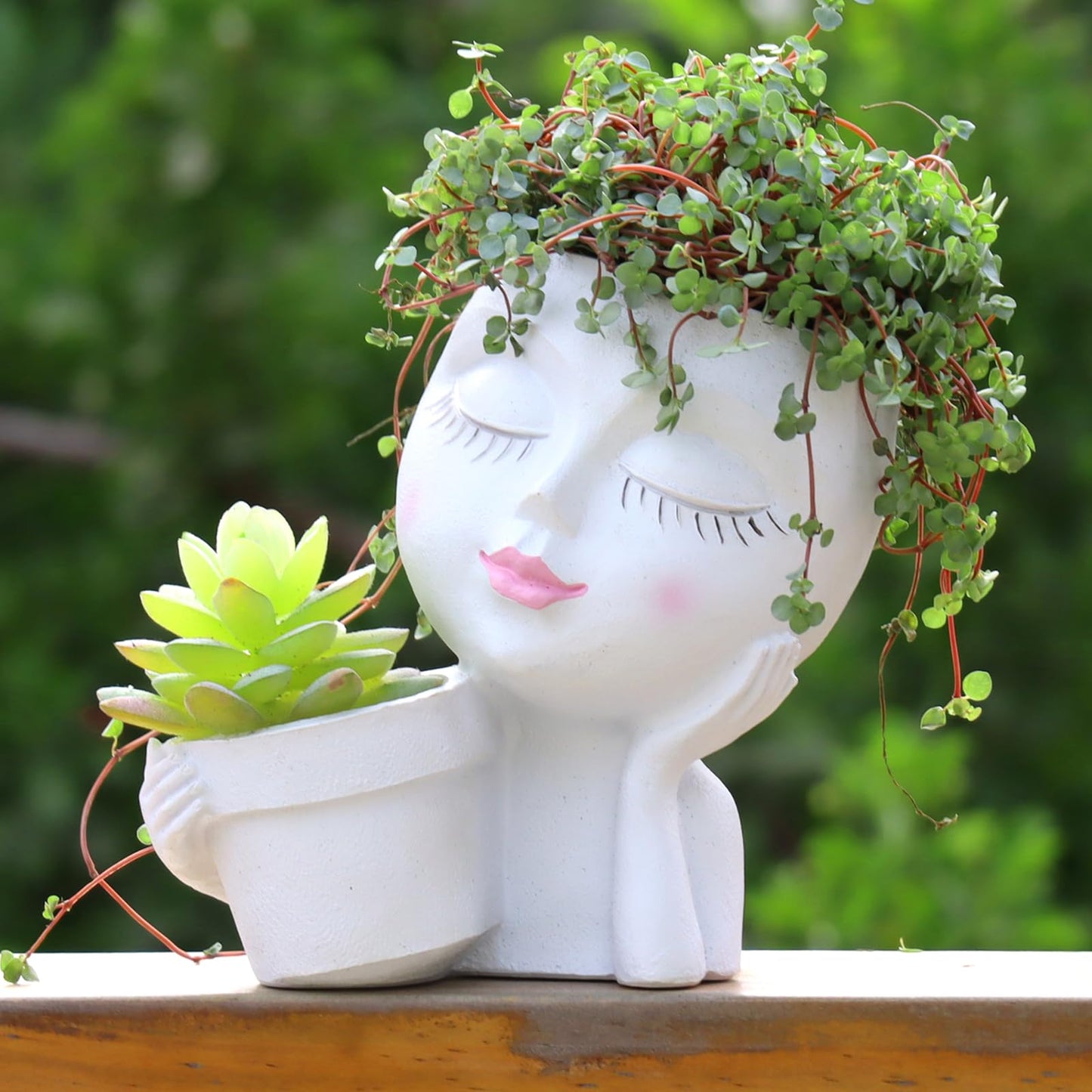 Face Planter Pot, 2-in-1 Resin Head Planter with Mini Pot, Cute Lady Flower Pots with Drainage for Indoor Outdoor Plants, Unique Succulent Cactus Planter, Ideal Gardening Gifts for Women Mom (White)