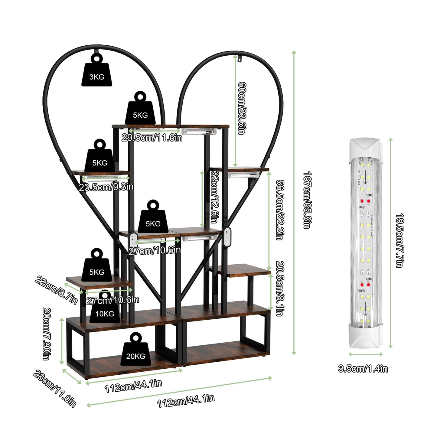 unho Plant Stand Indoor with Grow Lights, 3 Head Full-spectrum Plant Grow Lights，6 Tiered tiered plant plant shelf indoor Multiple, Half Heart Shape Plant Rack, Large Brown Plant Holder for Home Patio Balcony (2 Pack)