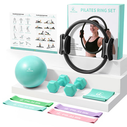 PILALON Pilates Ring Set - Studio-Grade Anti-Deformation Pilates Kit - Pilates Equipment for Home Workout - 14'' Pilates Ring, Pilates Ball, 2 Dumbbells, 5 Resistance Bands for Toning Arms, Thighs