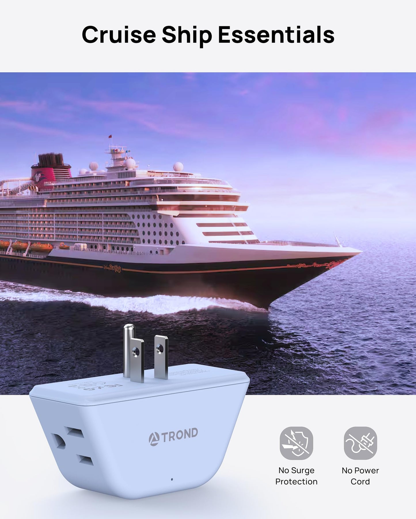TROND Multi Plug Outlet Extender 2 Pack - Electrical Wall Splitter, 3 Way Angled Wall Outlet Adapter, Cruise Essentials, Small Multiple Plug Expander for Cruise Ship Home Office Dorm Room, White