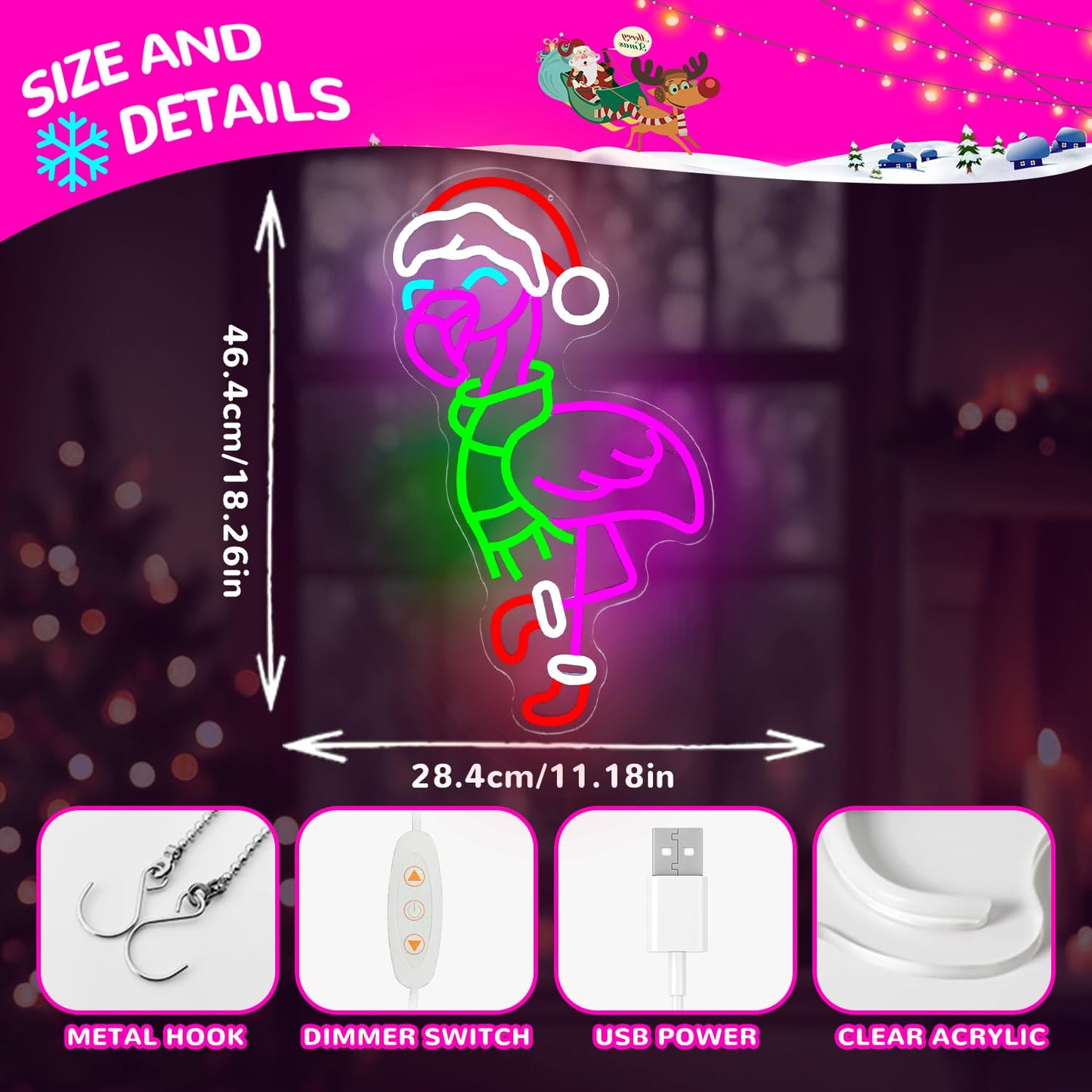 hhuohuona Christmas Flamingo Neon Sign Dimmable Pink Flamingo Christmas Led Sign Flamingos With Santa Hat & Scarf & Stockings Neon Light Tropical Coastal Wall Art Decor