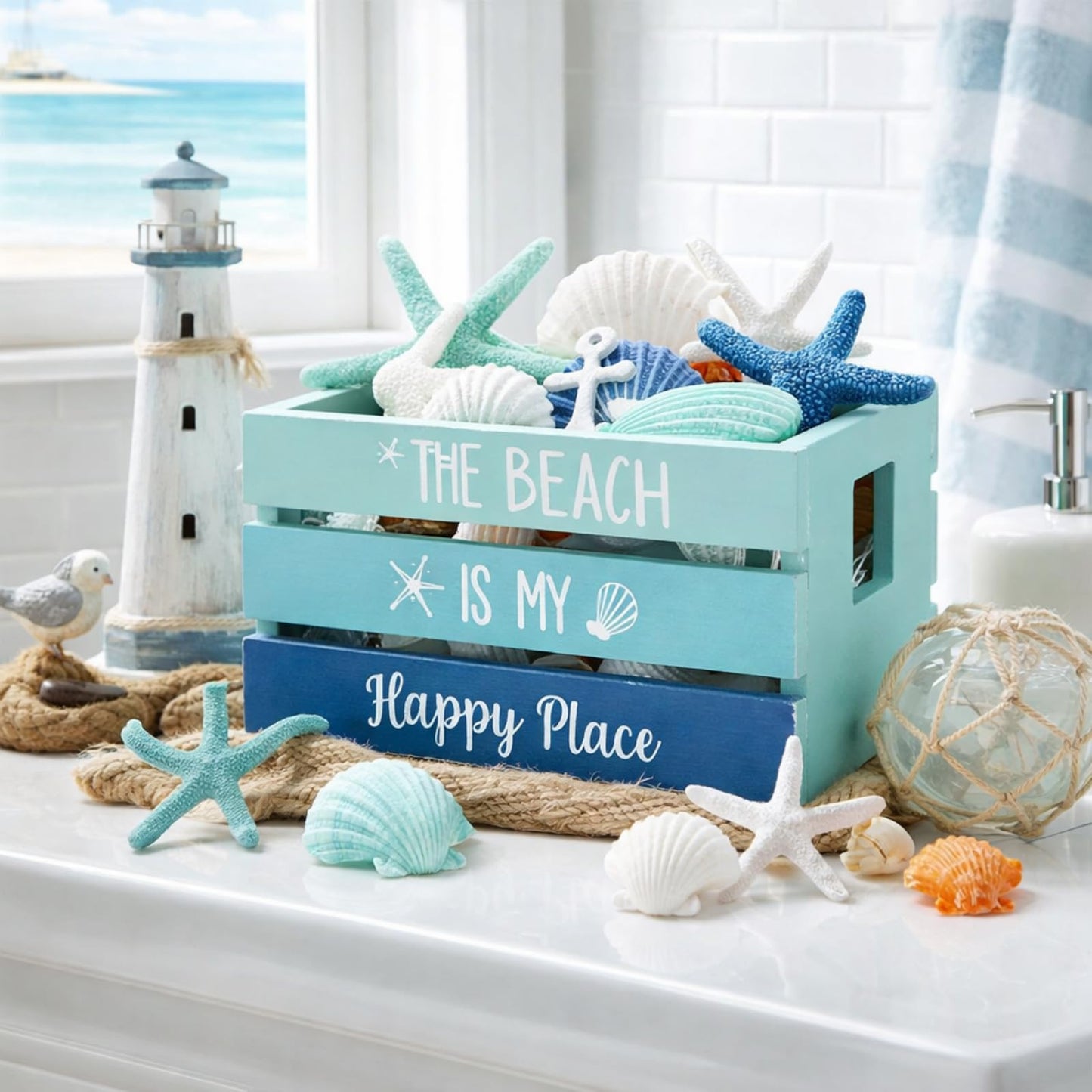 Maitys Beach Summer Table Decor Tiered Tray Decor Coastal Mini Wood Crate with 8 Starfish Shell Decoration, Farmhouse Table Centerpiece Rustic Nautical Decoration for Home Office Bathroom Shelf Mantel