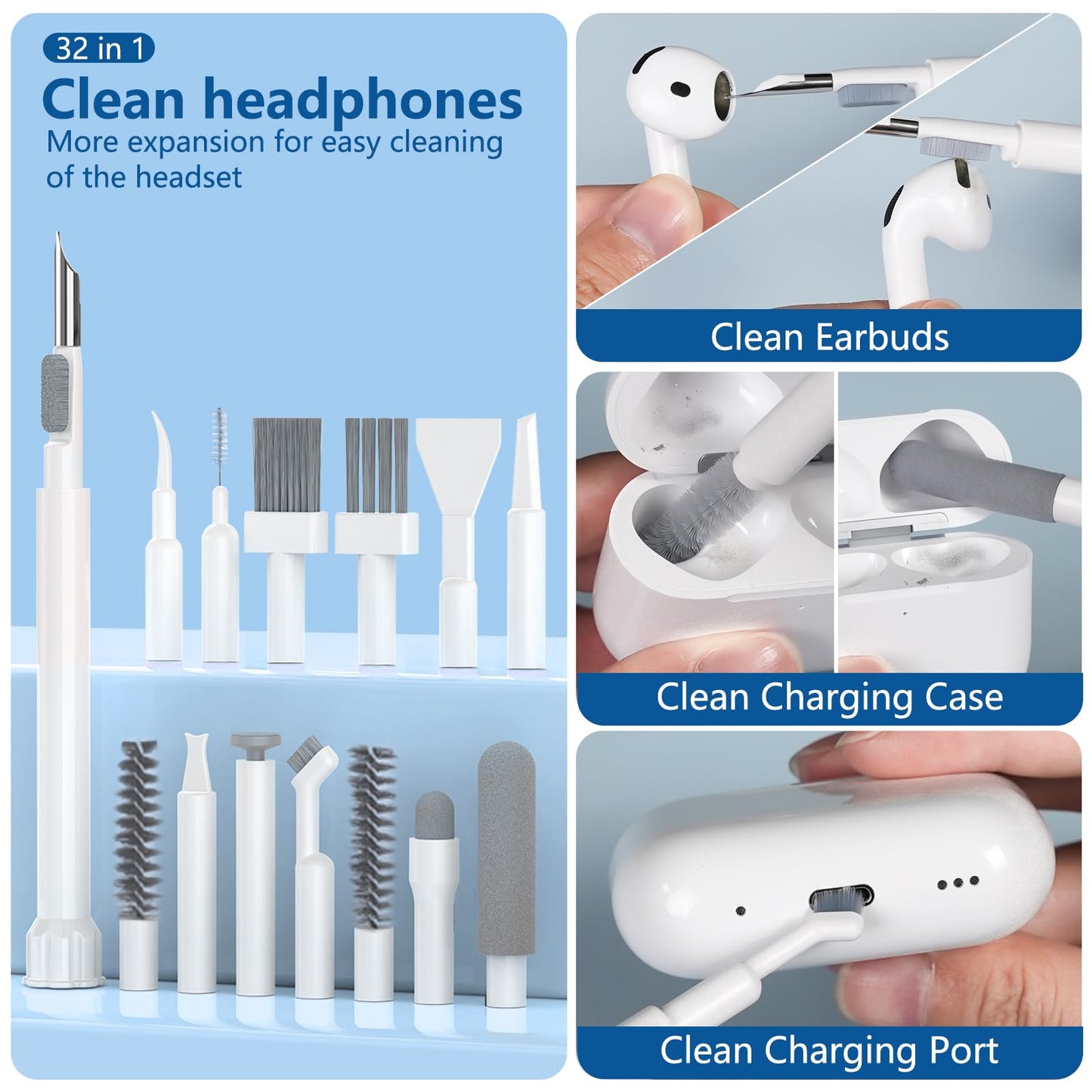 32 in 1 Cell Phone Cleaning kit with Charging Port Cleaner,Stylus Pen,SIM Tool,Keyboard Brush,Speaker Brush,Electronic Cleaning kit for iPhone,AirPods,iPad,Keyboard,MacBook,Earbud,Camera Lens(White)