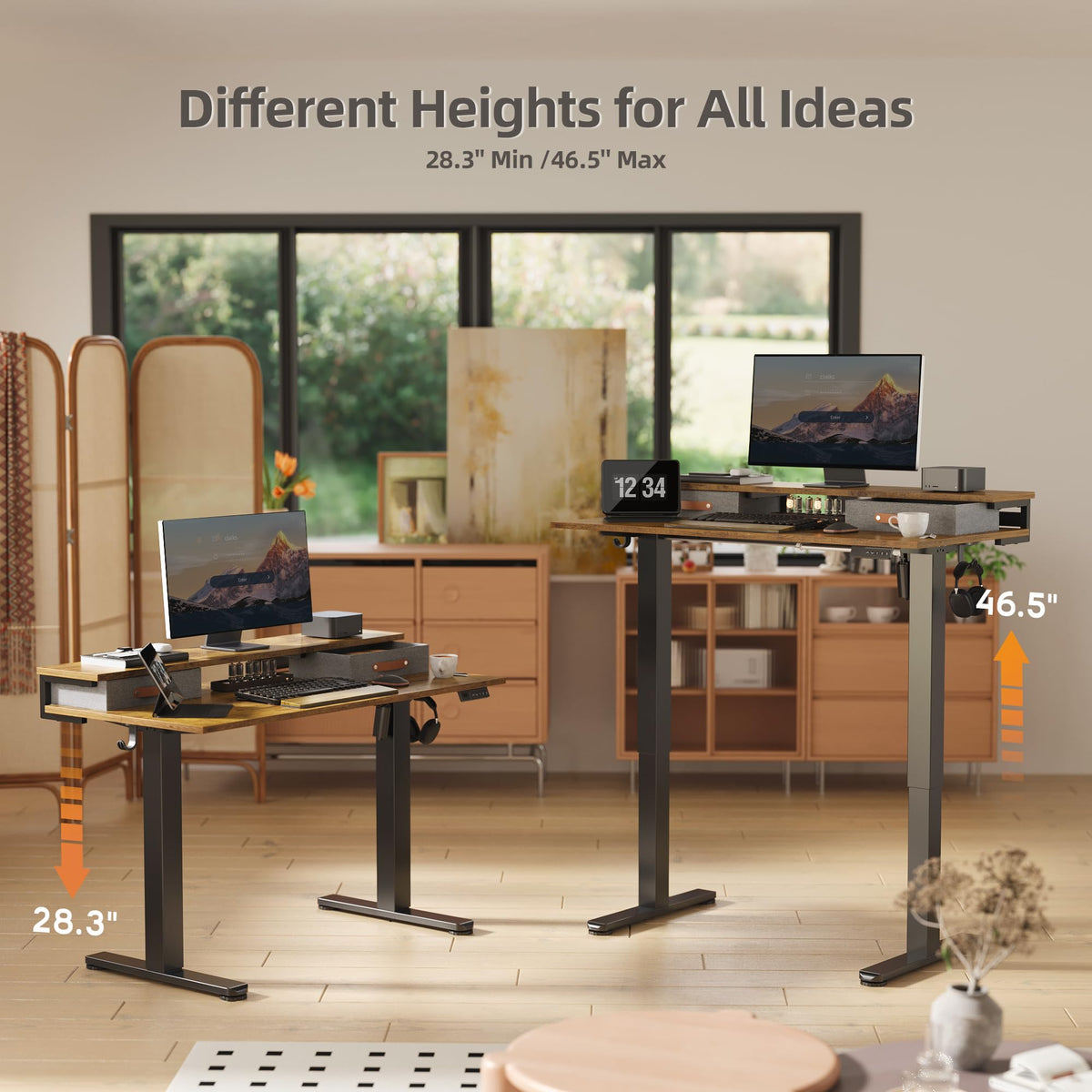 Seang Electric Standing Desk with 2 Drawers, Adjustable Standing Desk with Storage Shelf, Height Adjustable Stand up Desk for Home Office with 3 Presets & 2 Hooks, 55 Inch, Rustic Brown