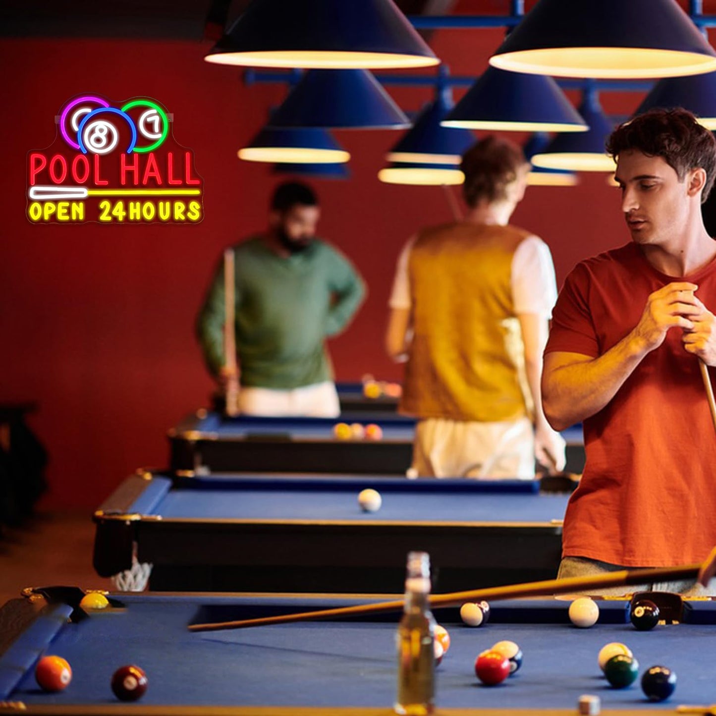 Runalosa Pool Hall Open 24 Hours Neon Sign Dimmable Billiards Neon Light Sign for Wall Decor Snooker Led Signs for Home Bar Game Room Party Man Cave Club Business Decor Gift for Man 16.5" x 12.3"