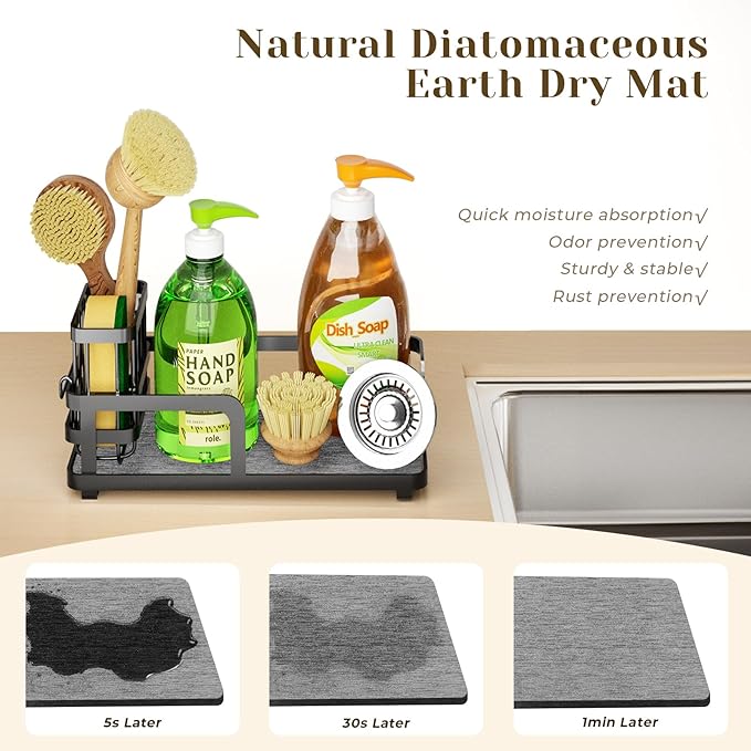 Kitchen Sink Caddy Organizer for Instant Dry, Rustproof Sponge Holder & Dish