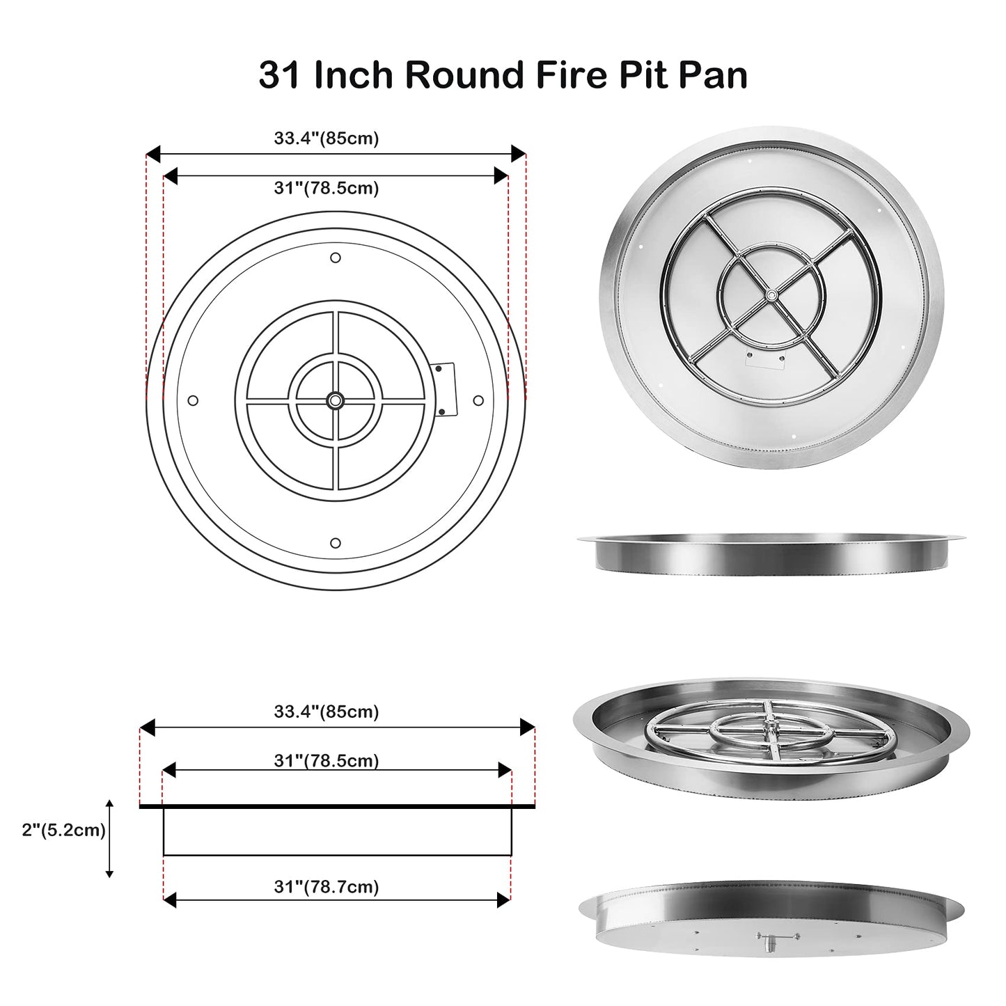 Stanbroil 31 Inch Drop-in Round Gas Fire Pit Kit with Spark Ignition Kit, 304 Stainless Steel Gas Firepit Burner Insert for DIY Fire Pit Table, Max 296,000 BTU - Natural Gas Version