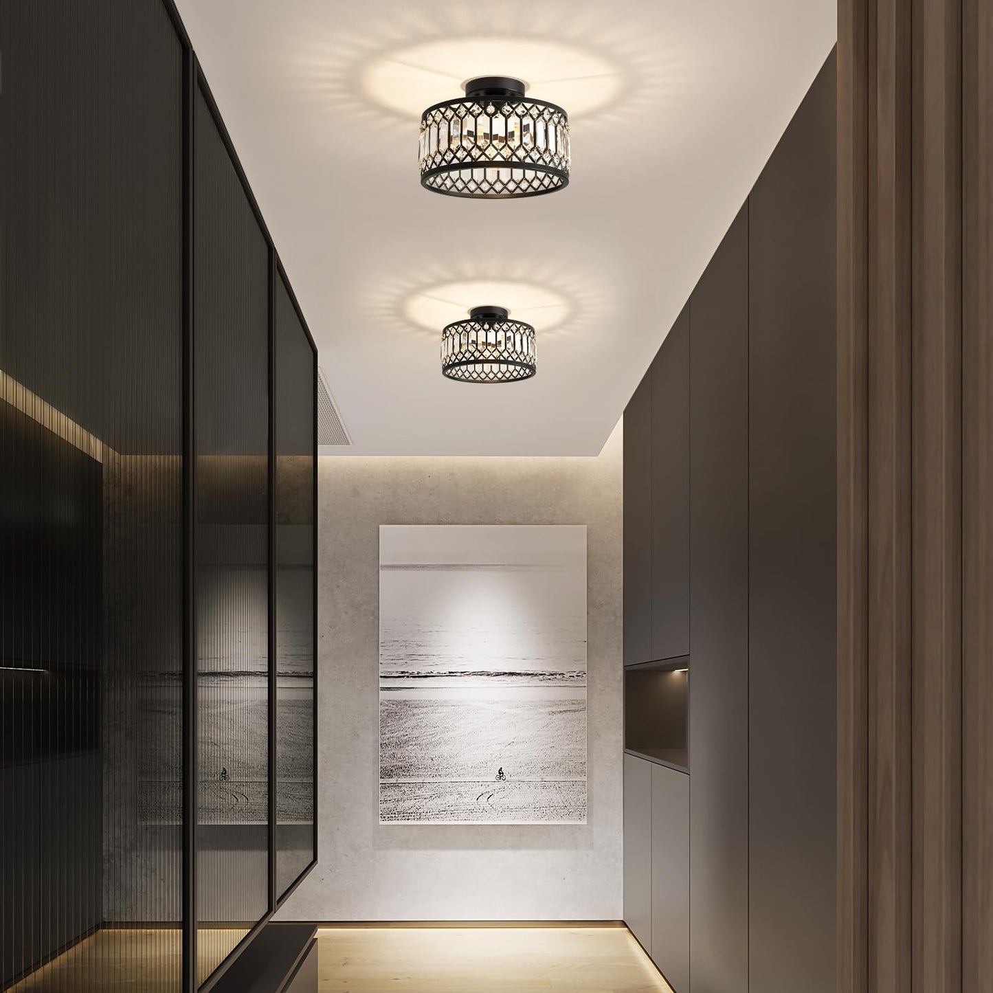 Pevfah Crystal Black Ceiling Light, Modern Semi Flush Mount Ceiling Lighting Fixture, Round Hallway Lighting Fixtures for Kitchen Entryway Bedroom Laundry Room, 1-Light, 11.4 Inch