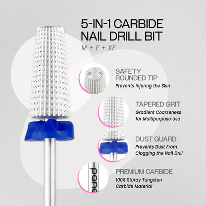 PANA Nail Carbide 5 in 1 Bit - Two Way Rotate use for Both Left and Right Handed - Fast Remove Acrylic or Hard Gel - 3/32" Shank - Manicure, Nail Art, Drill Machine (Fine - F, Silver)