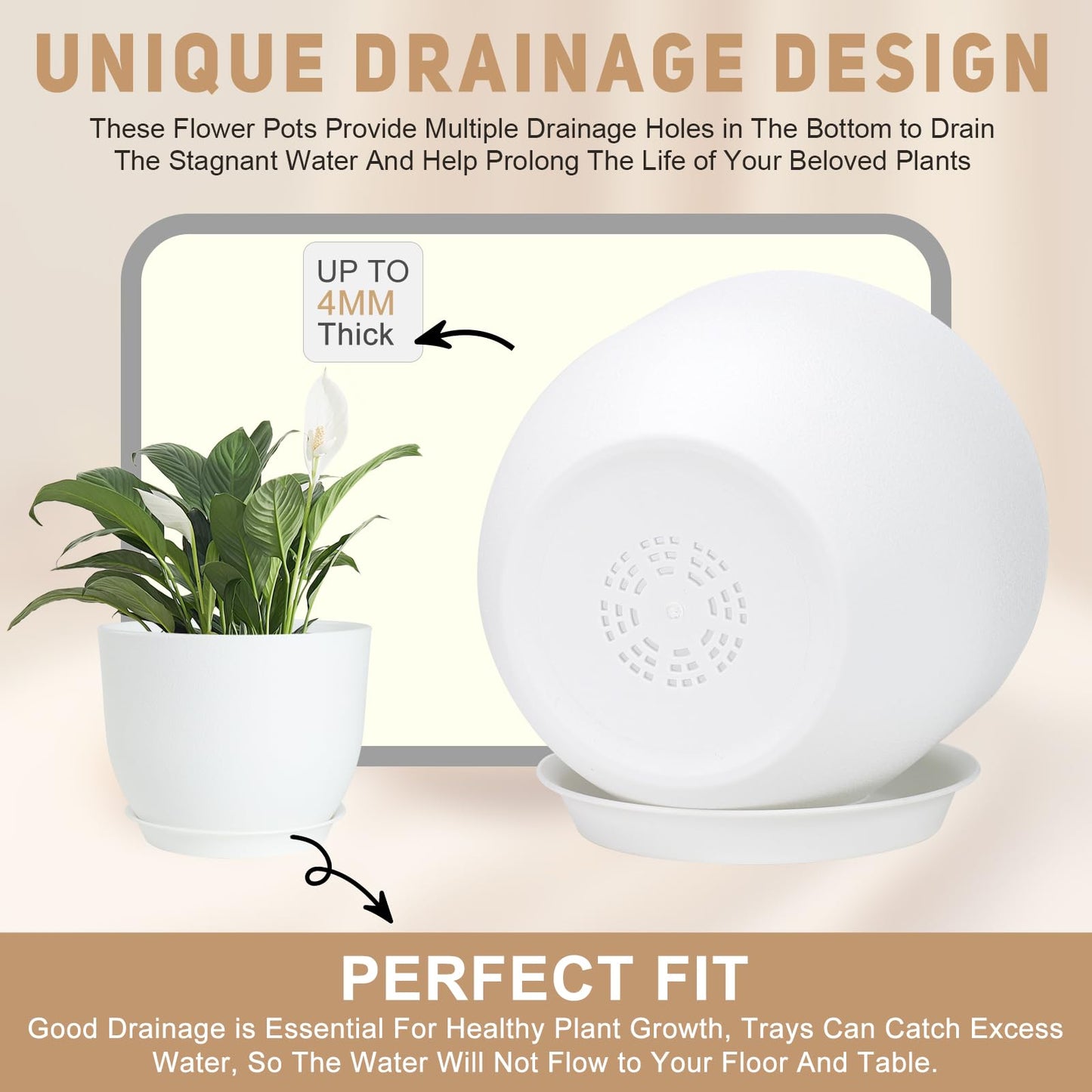 YNNICO Plant Pots 10/9/8/7.5/7 inch Flower Pots with Multi Mesh Drainage Holes, Planters for Indoor Outdoor Garden Plants and Flowers. (White)