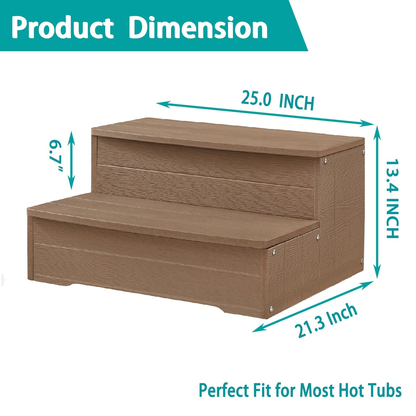 Heavy Duty Hot Tub Steps, 2 Steps Large Versatile Stairs for Outoor Above Ground Pool, Spa,Deck & Porch Outside, Steps Capacity 600LBS (Brown)